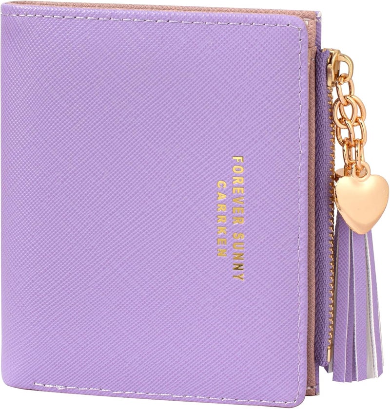 KOTORA Womens Small Wallet Girls Tiny Slim Wallets Pretty Mini Card Holder Thin Short Zip Coin Purse with Love Pendant and Tassels (Purple) - Image 1